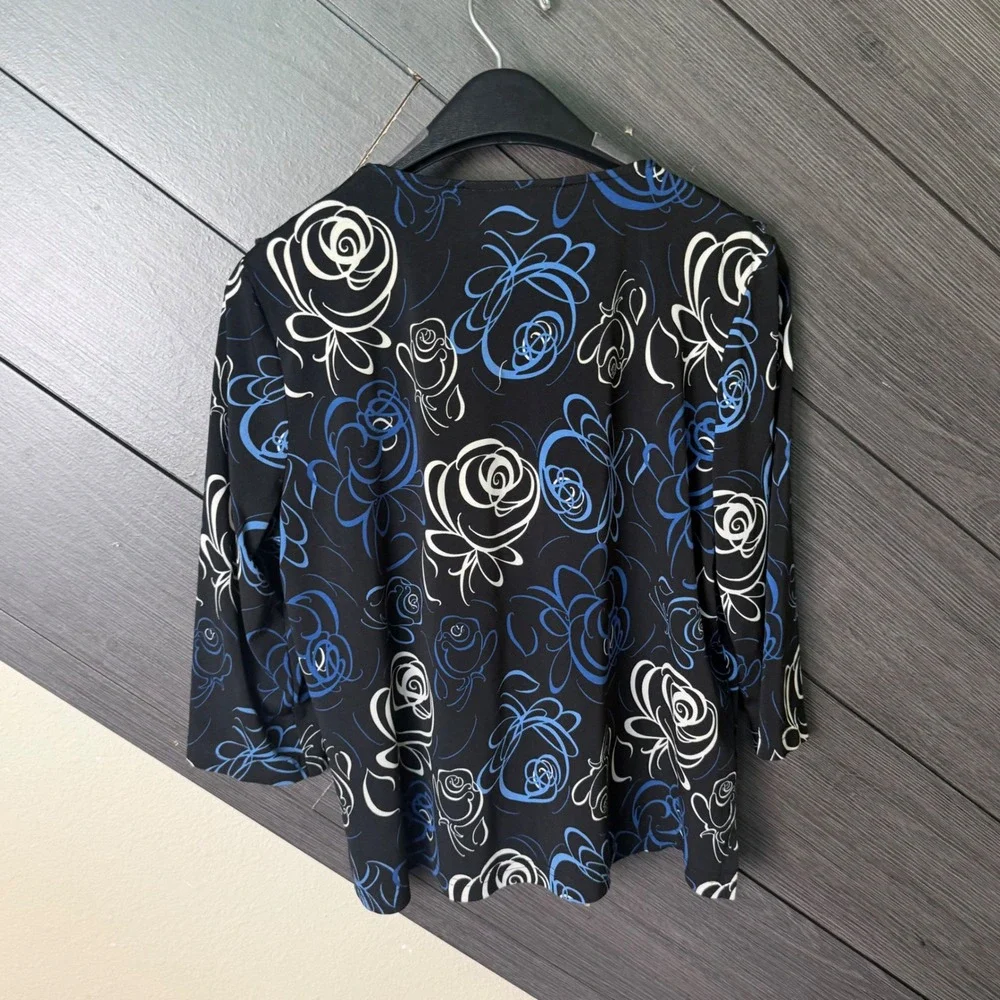 N Touch Vintage 90s Floral Cowl Neck 3/4 Sleeve Top Large Black Blue White